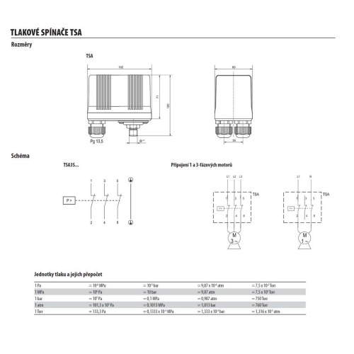 Tlakový spínač TSA 3S05M 0,20-0,35MPa 2-3,5bar převlečná matice