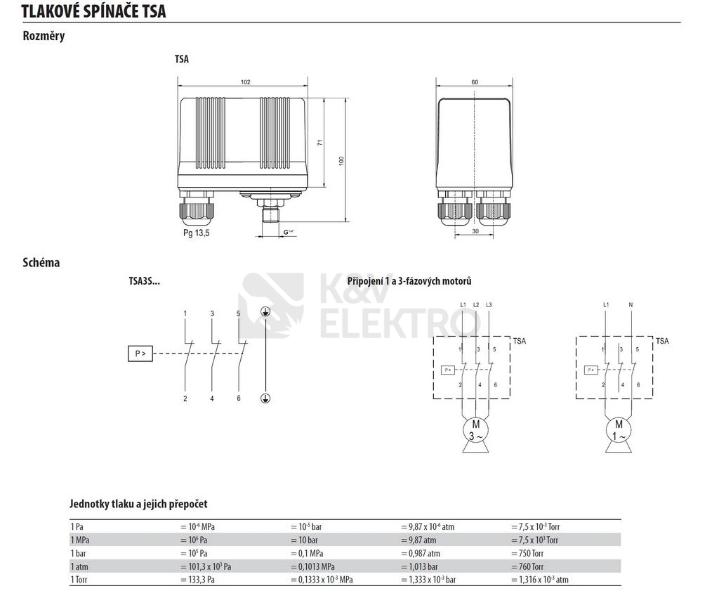 Obrázek produktu Tlakový spínač TSA 3S05M 0,20-0,35MPa 2-3,5bar převlečná matice 1