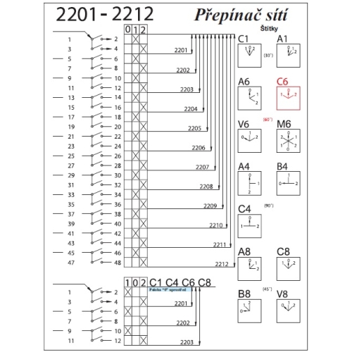 Vačkový spínač SEZ S25 JD 2203 C6 25A/3P přepínač sítí černá páčka 1/0/2