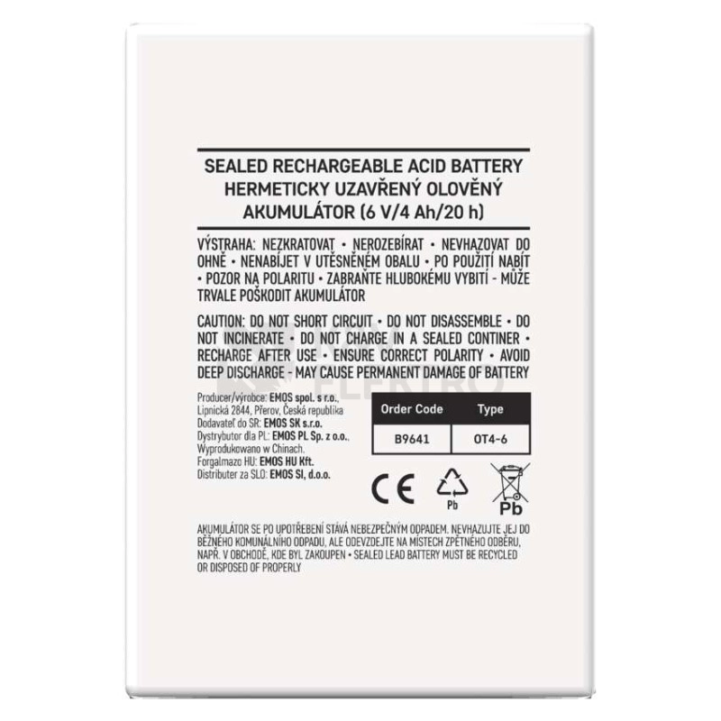 Obrázek produktu Olověný akumulátor EMOS B9641 6V 4Ah (DHB640) 12