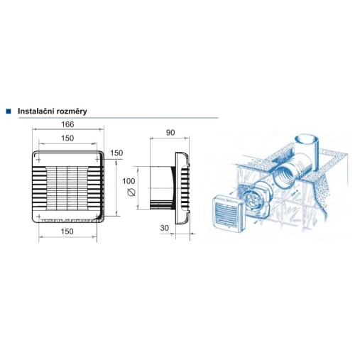 Axiální koupelnový ventilátor s automatickou žaluzií a časovým doběhem Blauberg AUTO 100 H se senzorem vlhkosti (obrázek 3)
