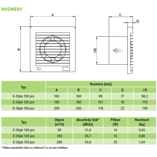 Axiální koupelnový ventilátor se zpětnou klapkou a časovým doběhem E-STYLE 150 PRO T (obrázek 3)