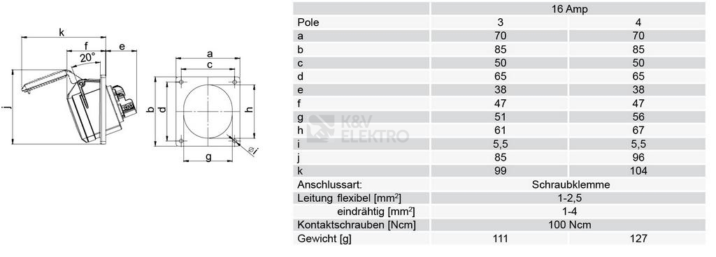 Obrázek produktu Zásuvka vestavná PCE 3P 16A/230V IP44 šikmá 413-6 1