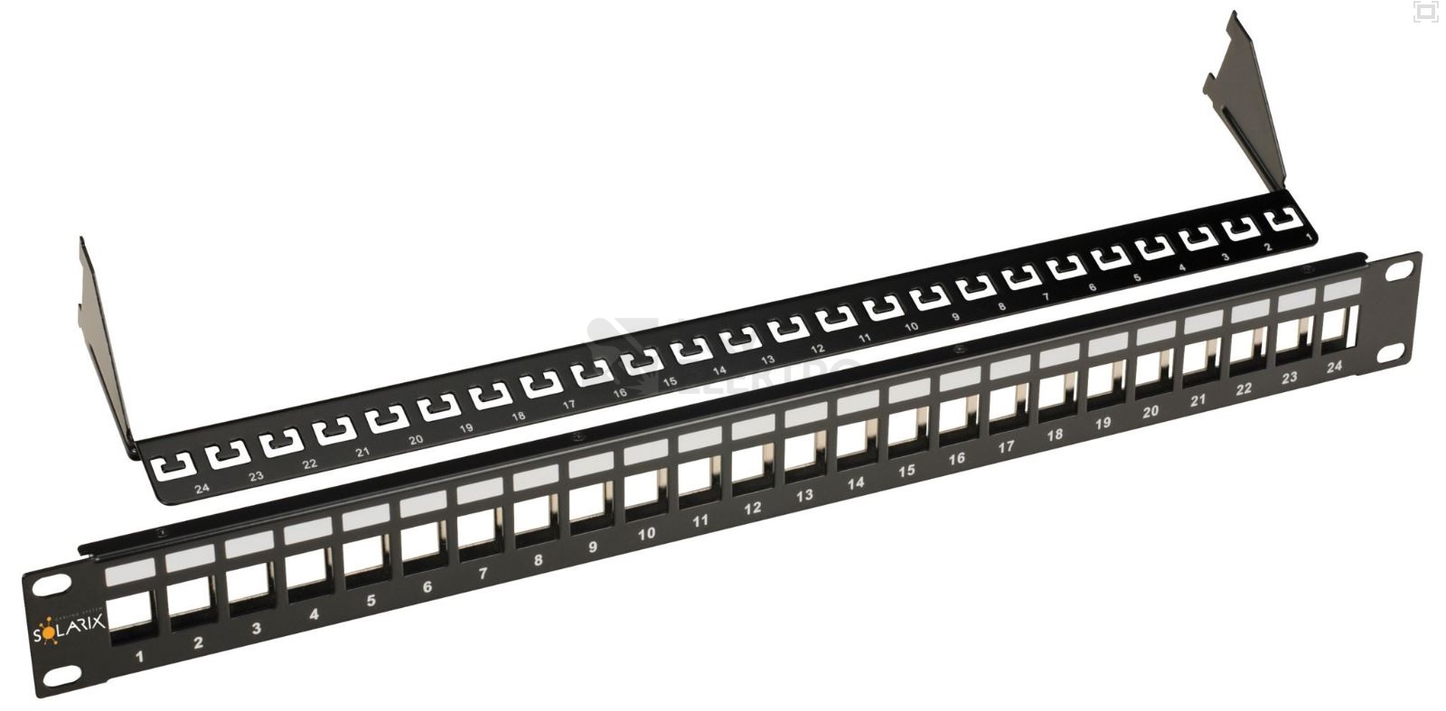 Obrázek produktu Patch panel Solarix SX24M-0-STP-BK-UNI 24 portů 1U neosazený s vyvazovací lištou pro CAT5E a CAT6 keystony 0