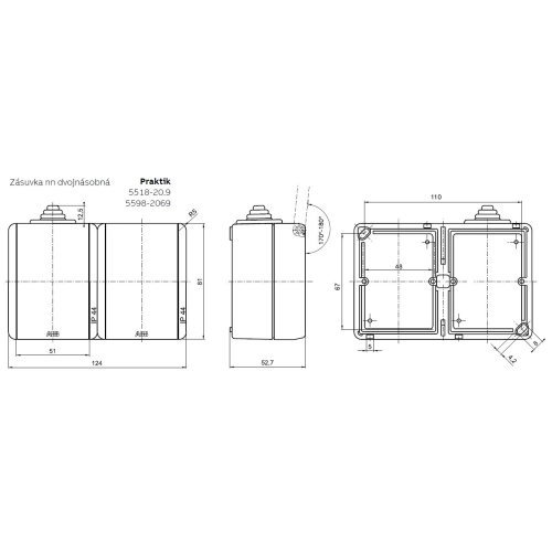 ABB Praktik dvojzásuvka IP44 šedá 5518-2069 S pro průběžnou montáž (obrázek 2)