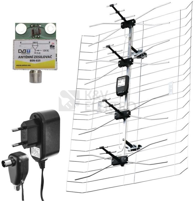 Obrázek produktu  Anténa EMOS EM-025 J0665 25dB DVB-T2 DAB filtr LTE/4G se zdrojem a zesilovačem 0