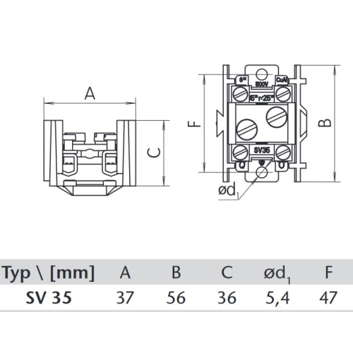 Svorkovnice stoupací 1x35mm2 malá SEZ SV 35