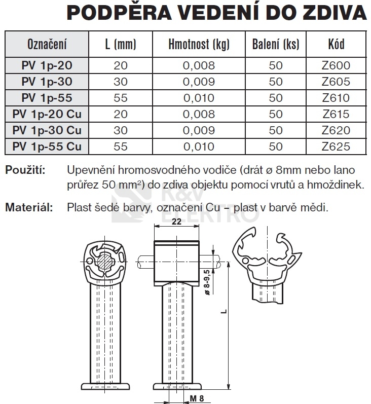 Obrázek produktu Podpěra vedení do zdiva, plast PV 1p-55 TREMIS Z610 1