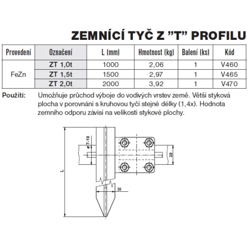 Zemnící tyč z T profilu ZT 1,5 T TREMIS V465 (obrázek 2)