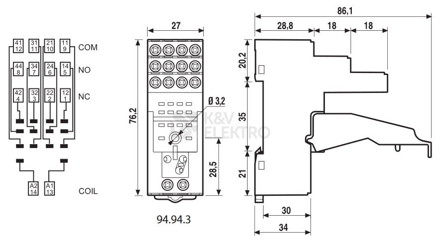 Obrázek produktu Patice Finder 94.94.3 pro relé 55/85 2P/4P 10A 1