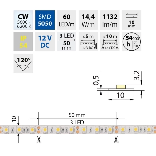 LED pásek McLED 12V studená bílá š=10mm IP54 14,4W/m 60LED/m SMD5050 ML-121.606.60.0 (obrázek 7)