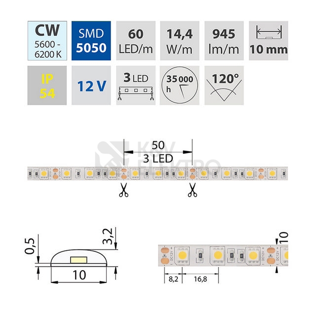 Obrázek produktu LED pásek McLED 12V studená bílá š=10mm IP54 14,4W/m 60LED/m SMD5050 ML-121.606.60.0 1