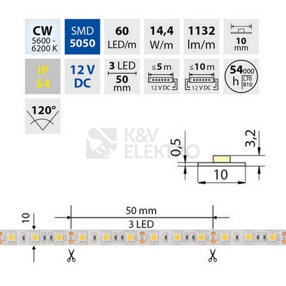 Obrázek produktu LED pásek McLED 12V studená bílá š=10mm IP54 14,4W/m 60LED/m SMD5050 ML-121.606.60.0 4