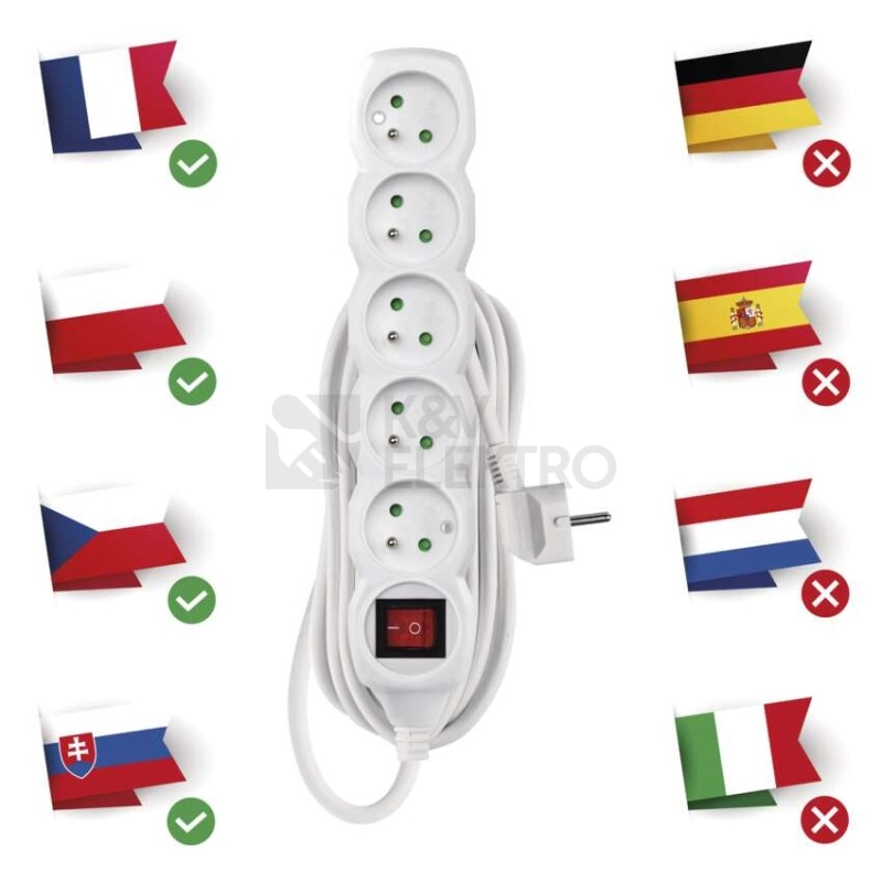 Obrázek produktu Prodlužovací kabel EMOS 3m/5zásuvek s vypínačem bílá P1513 1902150300 2
