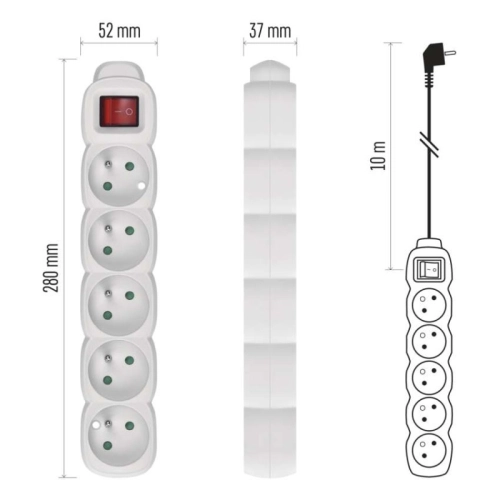 Prodlužovací kabel EMOS 10m/5zásuvek s vypínačem bílá P1510 1902151000 (obrázek 7)