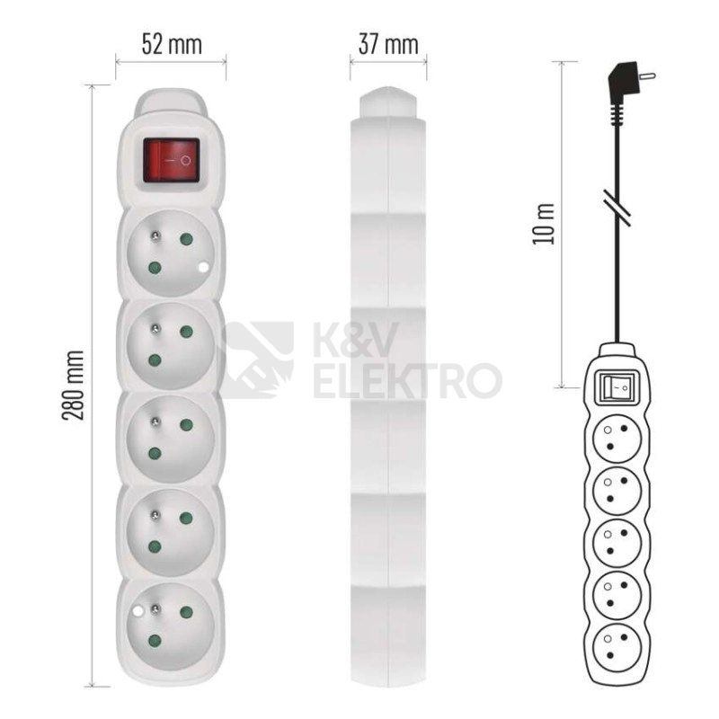 Obrázek produktu Prodlužovací kabel EMOS 10m/5zásuvek s vypínačem bílá P1510 1902151000 6