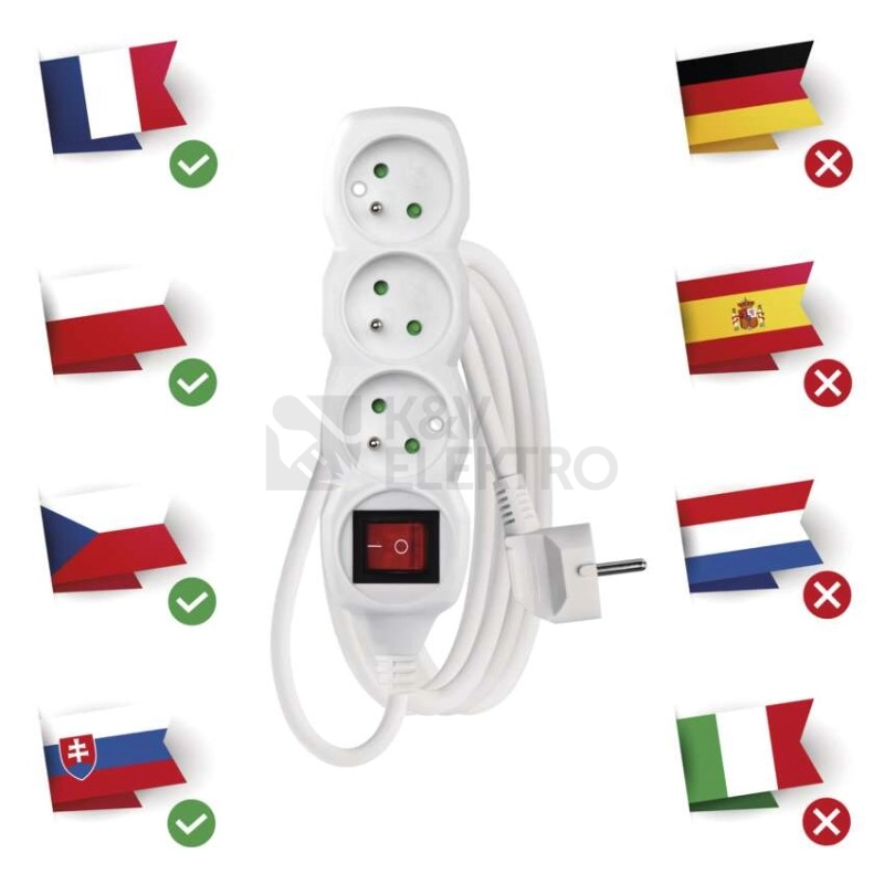 Obrázek produktu Prodlužovací kabel EMOS P1312 2m/3zásuvky s vypínačem bílá 1902130200 2