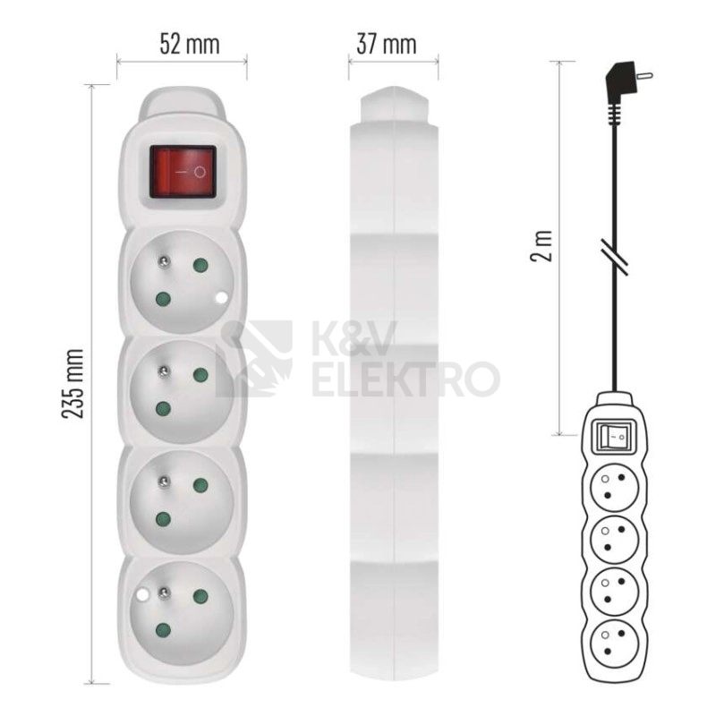 Obrázek produktu Prodlužovací kabel EMOS 2m/4zásuvky s vypínačem bílá P1412 1902140200 6