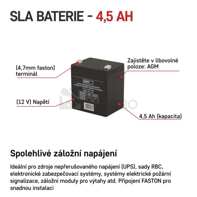 Obrázek produktu Olověný akumulátor EMOS B9653 12V 4,5Ah 7
