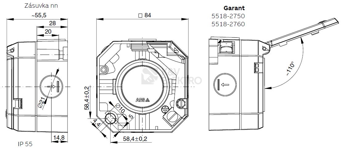 Obrázek produktu ABB Garant zásuvka a průchodkou IP55 šedá 5518-2760 s víčkem 1