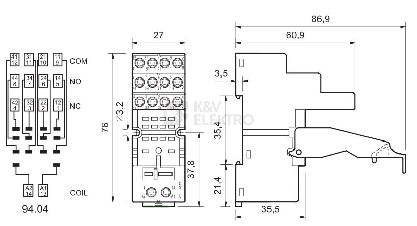 Obrázek produktu Patice Finder 94.04 pro relé 55/85 2P/4P 10A 1
