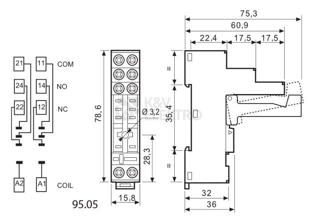 Obrázek produktu  Patice Finder 95.05 pro relé 40/41/43/44 1P/2P 10A 1