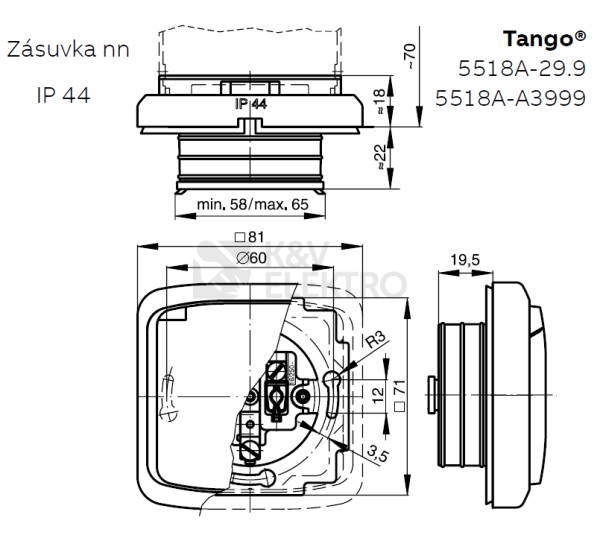Obrázek produktu ABB Tango zásuvka s víčkem IP44 kouřová šedá 5518A-2999 S2 s clonkami 1