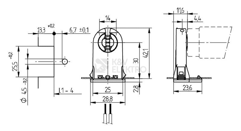 Obrázek produktu  Patice zářivková T8/G13 BJB 26.291.4011.50 42mm spodní uchycení 1