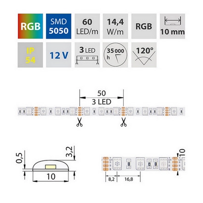 LED pásek McLED 12V RGB š=10mm IP54 14,4W/m 60LED/m SMD5050 ML-123.608.60.0 (obrázek 5)