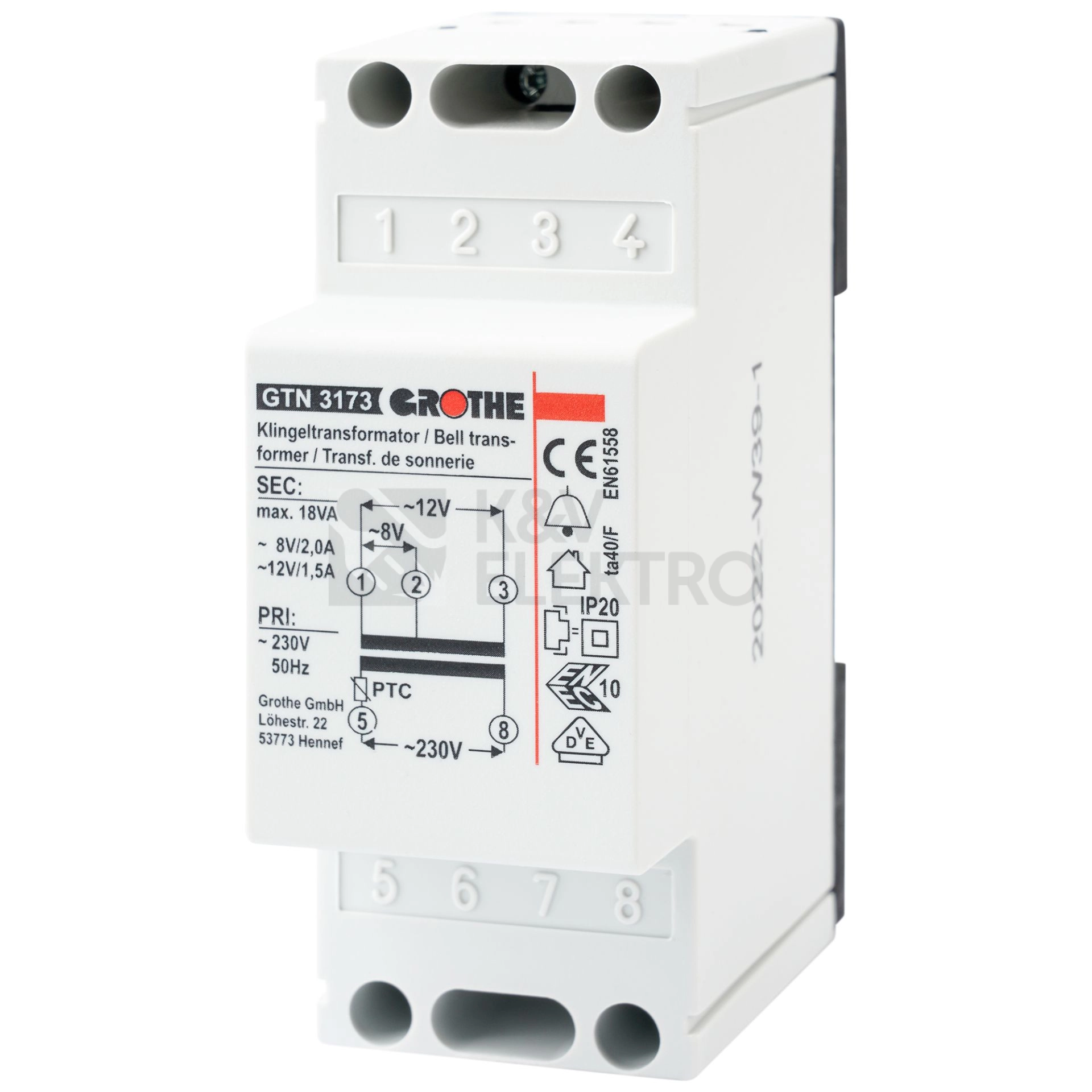 Obrázek produktu Zvonkový transformátor GT 3173 8/12VAC 18VA 2M 14073 0