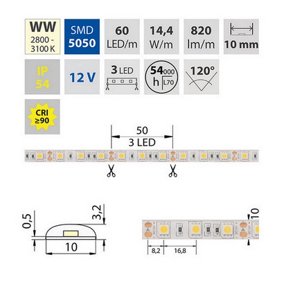 LED pásek McLED 12V teplá bílá š=10mm IP54 14,4W/m 60LED/m SMD5050 ML-121.607.60.0 (obrázek 3)