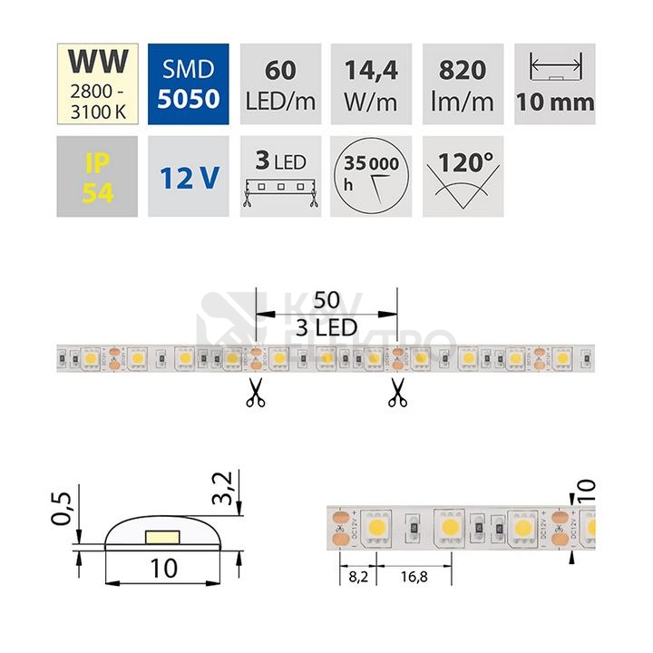 Obrázek produktu LED pásek McLED 12V teplá bílá š=10mm IP54 14,4W/m 60LED/m SMD5050 ML-121.607.60.0 1
