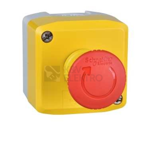 Schneider Harmony skříňka žlutá, 1 červené tlačítko nouzového zastavení, 1V XALK178