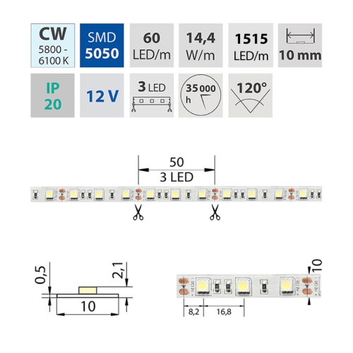 LED pásek McLED 12V studená bílá š=10mm IP20 14,4W/m 60LED/m SMD5050 ML-121.599.60.2