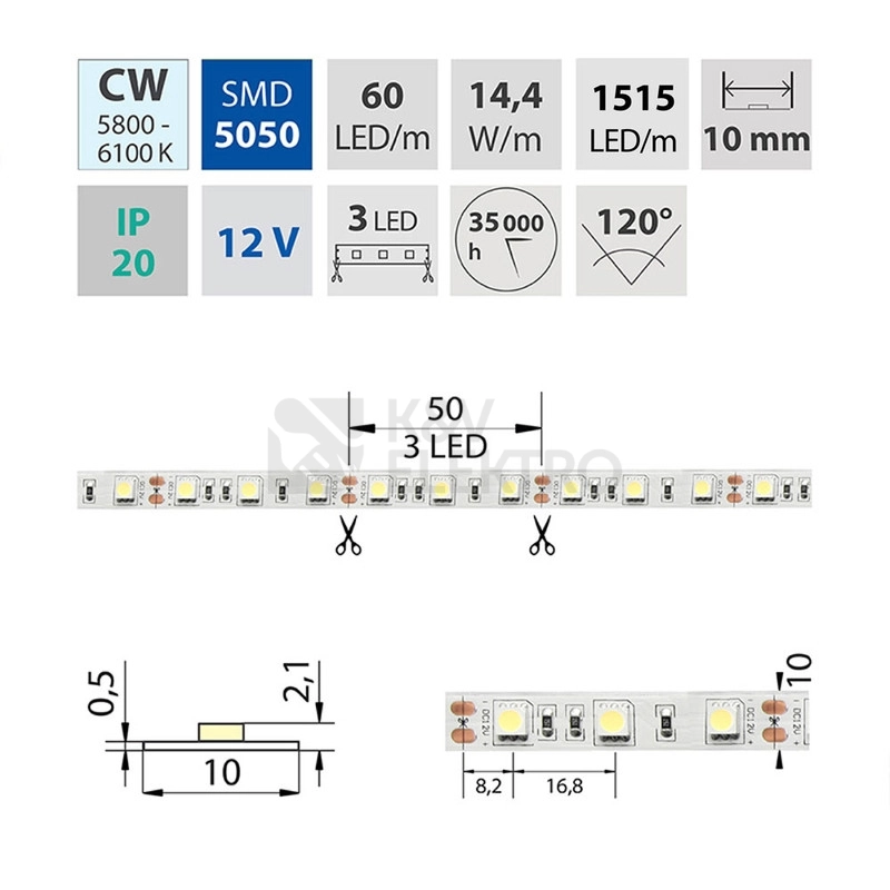 Obrázek produktu LED pásek McLED 12V studená bílá š=10mm IP20 14,4W/m 60LED/m SMD5050 ML-121.599.60.2 1