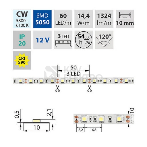 Obrázek produktu LED pásek McLED 12V studená bílá š=10mm IP20 14,4W/m 60LED/m SMD5050 ML-121.599.60.2 3