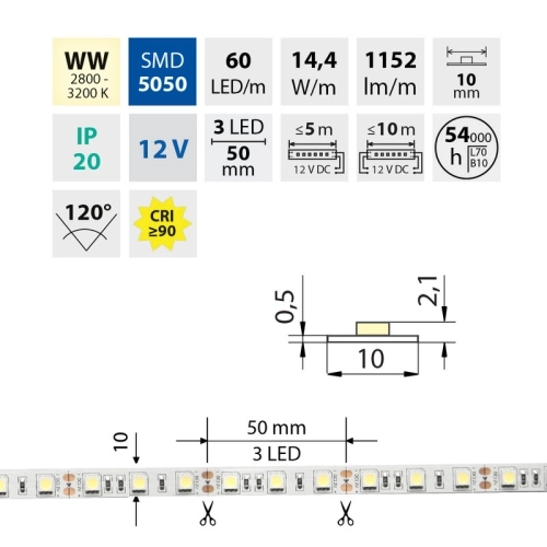 LED pásek McLED 12V teplá bílá š=10mm IP20 14,4W/m 60LED/m SMD5050 ML-121.600.60.2 (obrázek 3)