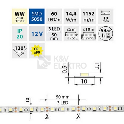 Obrázek produktu LED pásek McLED 12V teplá bílá š=10mm IP20 14,4W/m 60LED/m SMD5050 ML-121.600.60.2 4