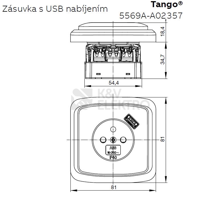 Obrázek produktu ABB Tango zásuvka bílá 5569A-A02357 B s USB nabíjením 1