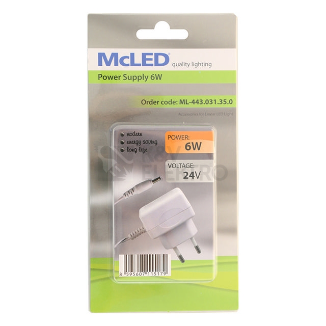 Obrázek produktu Napájecí zdroj McLED 24VDC 6W 250mA souosý konektor 3,5mm ML-443.031.35.0 2