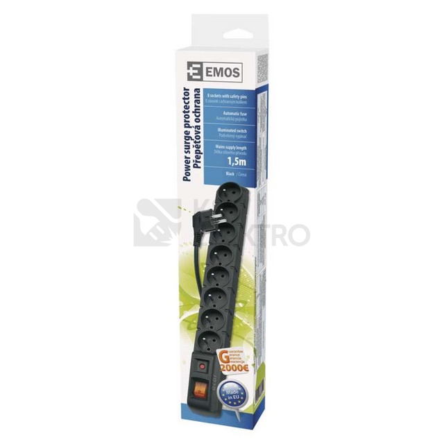 Obrázek produktu Prodlužovací kabel EMOS P53899 s přepěťovou ochranou 1,5m/8zásuvek černá 1909080153 1