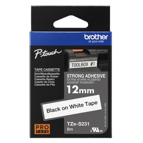 Levně Páska do štítkovače Brother ProTape TZE-S231 vysoce přilnavá bílá/černá 12mm 8m