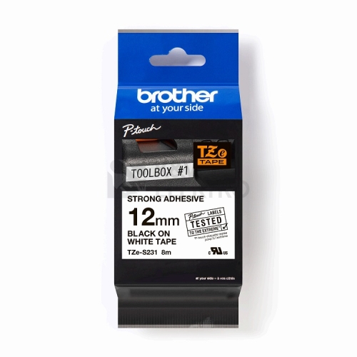 Páska Brother ProTape TZE-S231 vysoce přilnavá bílá/černá 12mm 8m