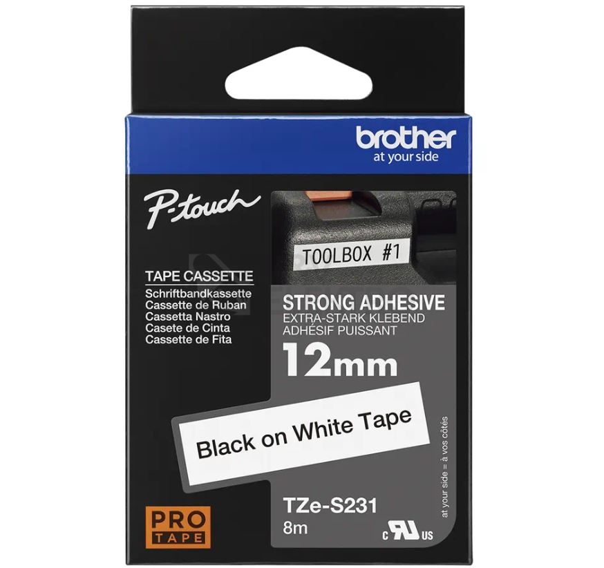 Obrázek produktu Páska do štítkovače Brother ProTape TZE-S231 vysoce přilnavá bílá/černá 12mm 8m 0