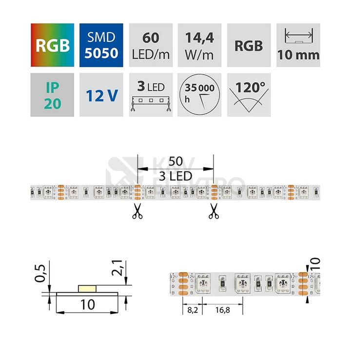 Obrázek produktu LED pásek McLED 12V RGB š=10mm IP20 14,4W/m 60LED/m SMD5050 ML-123.601.60.2 3