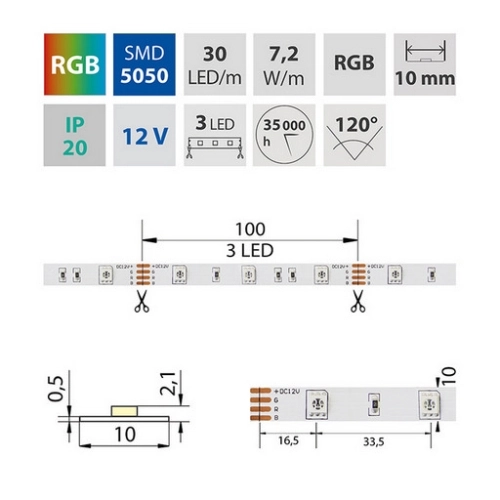 LED pásek McLED 12V RGB š=10mm IP20 7,2W/m 30LED/m SMD5050 ML-123.580.60.2 (obrázek 2)