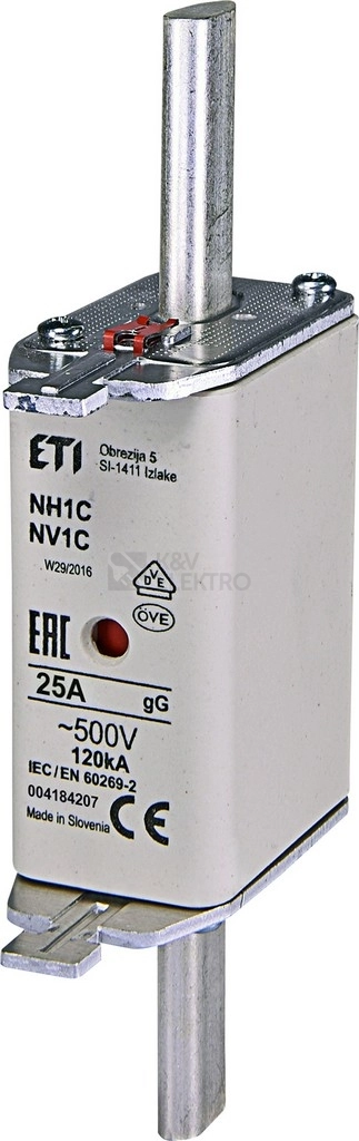 Obrázek produktu Nožová pojistka PNA1 25A ETI NV1 C GL-GG kombi 500V 004184207 0