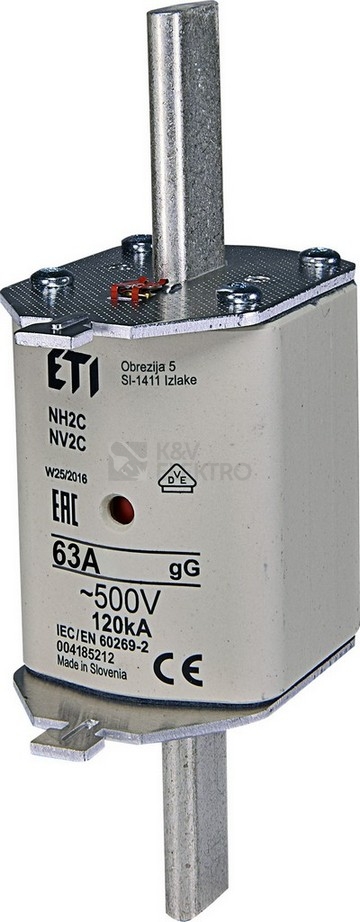 Obrázek produktu Nožová pojistka PNA2 63A ETI NV2 C GL-GG kombi 500V 004185212 0