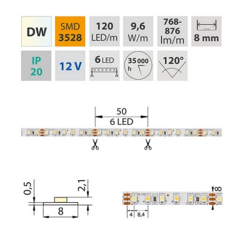 LED pásek McLED 12V teplá+studená bílá š=8mm IP20 9,6W/m 120LED/m SMD3528 ML-122.630.60.0 (obrázek 7)