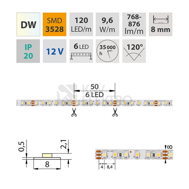 Obrázek produktu LED pásek McLED 12V teplá+studená bílá š=8mm IP20 9,6W/m 120LED/m SMD3528 ML-122.630.60.0 1